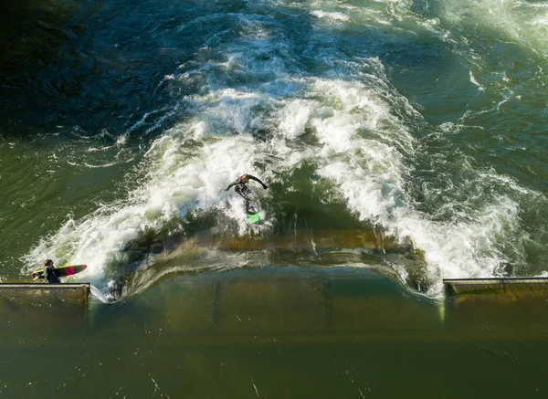 Aerial view of a surfer at the boise water park — Stock Photo, Image
