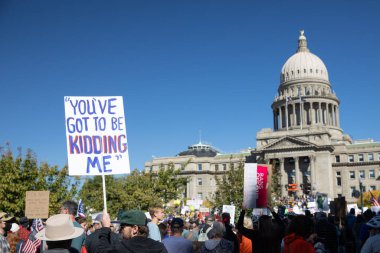 Boise, Idaho - 18 Ekim 2025: Büyük bir protestocu grubu, başkent binasının önünde ellerinde 