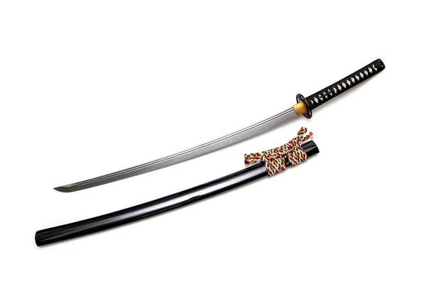 Miecz Japoński Stalowe Dopasowanie Kolorowy Kabel Czarnym Pochwy Izolowane Białym — Zdjęcie stockowe