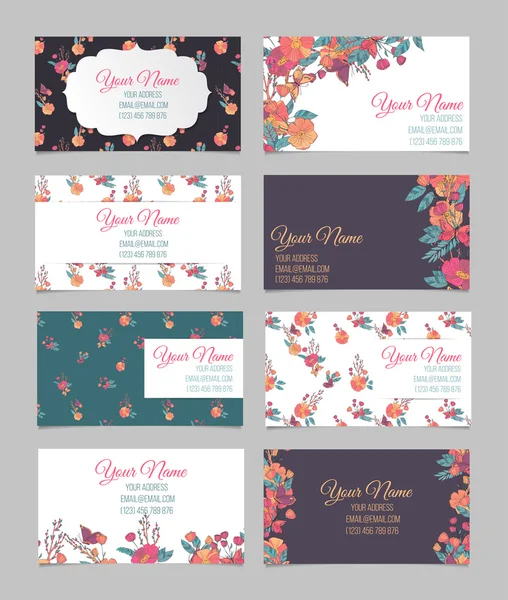 Set van acht floral visitekaartjes — Stockvector