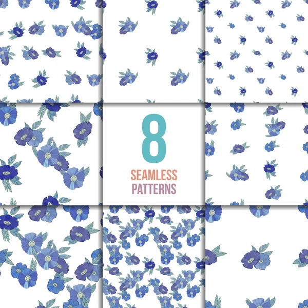 Satz von acht nahtlosen Mustern mit blauen Blumen — Stockvektor