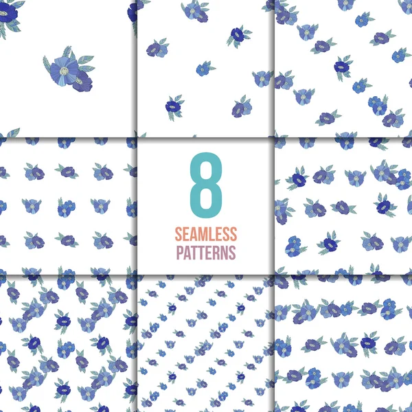 青い花と 8 つのシームレスなパターンのセット — ストックベクタ