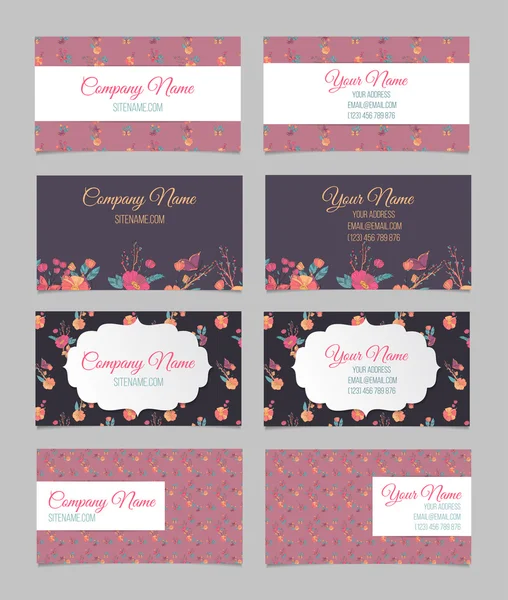 Set of four double-sided floral business cards — Stock Vector