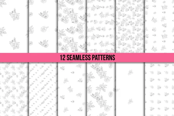 Set of twelve black and white floral patterns — Stock Vector