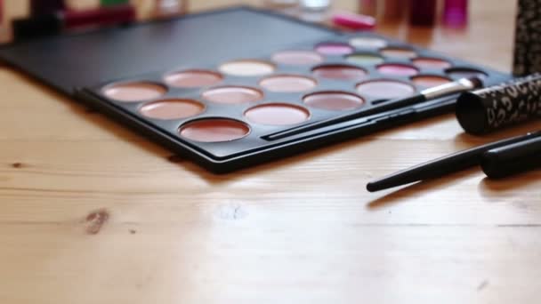 Make-up bunte Kosmetikpalette, Lippenstift, Pinsel und Nagellackflaschen — Stockvideo