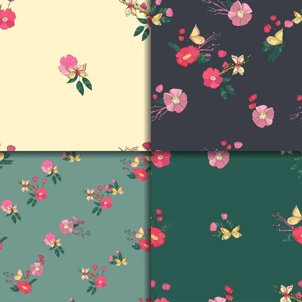 Floreale senza soluzione di continuità Vintage Wildflowers Pattern Set — Vettoriale Stock