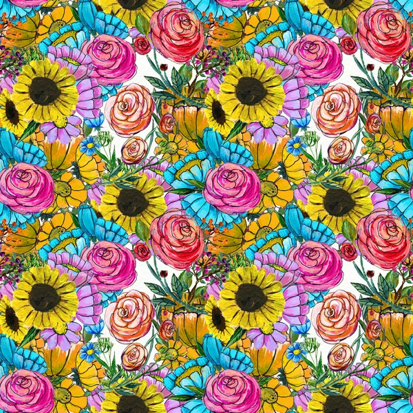 Seamless pattern with blue yellow and pink flowers