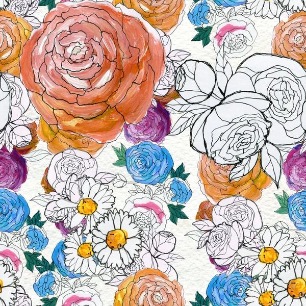 Renkli çiçeklerle kusursuz desen — Stok fotoğraf