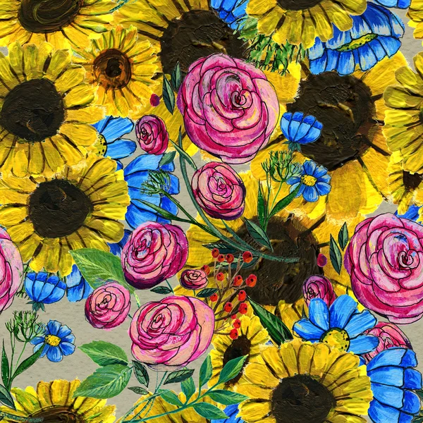 Бесшовный узор с голубыми желтыми и розовыми цветами — стоковое фото
