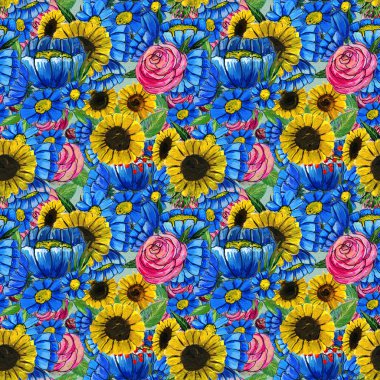 Mavi sarı ve pembe çiçekler ile Seamless Modeli