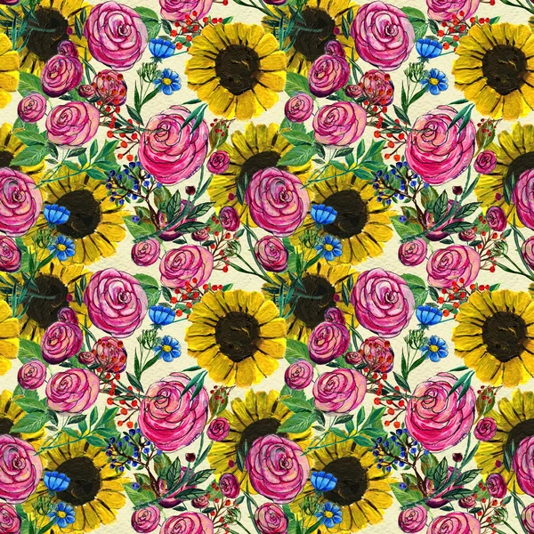Seamless pattern with blue yellow and pink flowers
