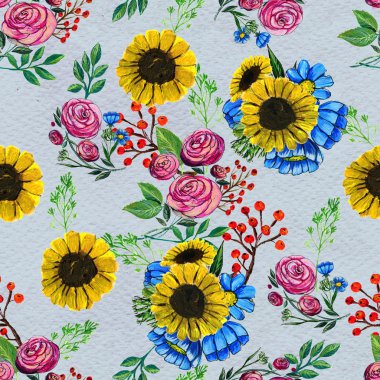 Mavi sarı ve pembe çiçekler ile Seamless Modeli