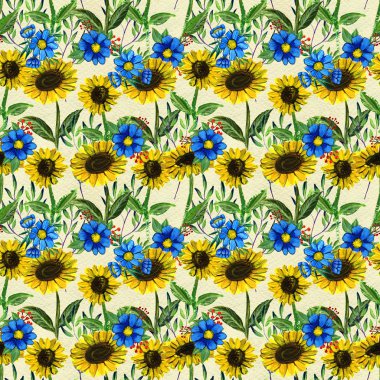 Ayçiçeği ve kır çiçekleri ile Seamless Modeli