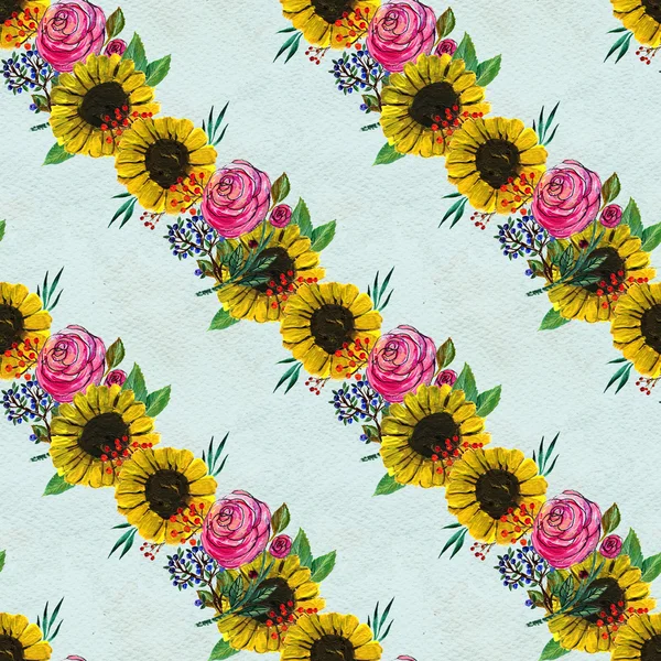Naadloze patroon met zonnebloemen en rozen — Stockfoto