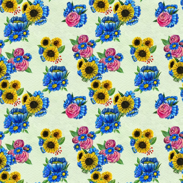 Seamless pattern with blue yellow and pink flowers — Stock Photo, Image