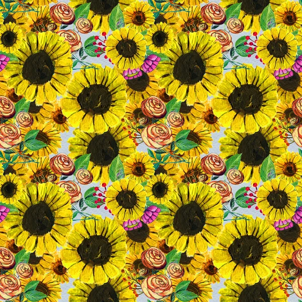 Wzór z niebieskie, żółte i różowe kwiaty — Zdjęcie stockowe