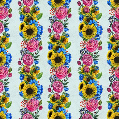 Mavi sarı ve pembe çiçekler ile Seamless Modeli