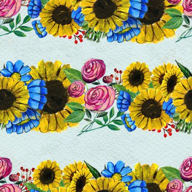 Mavi sarı ve pembe çiçekler ile Seamless Modeli