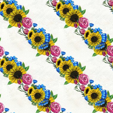 Mavi sarı ve pembe çiçekler ile Seamless Modeli