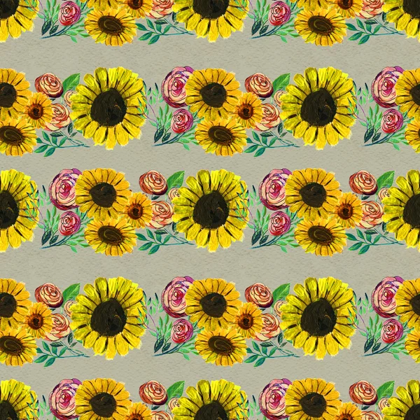 Wzór z słoneczniki i róże — Zdjęcie stockowe