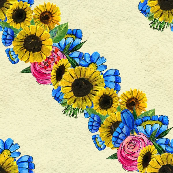 파란색 노란색 하 고 분홍색 꽃으로 완벽 한 패턴 — 스톡 사진