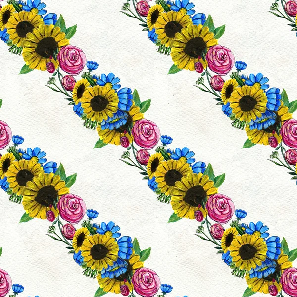 Seamless pattern with blue yellow and pink flowers — Stock Photo, Image