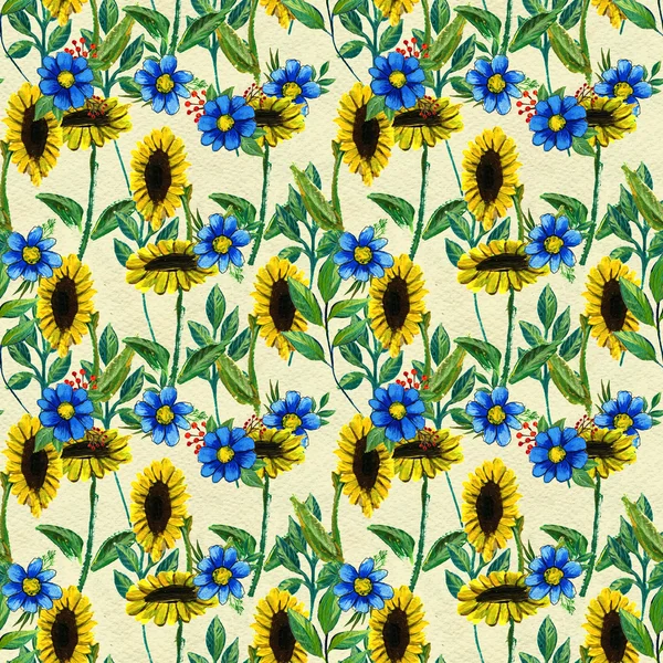 Seamless pattern with sunflowers and wildflowers