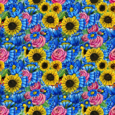 Mavi sarı ve pembe çiçekler ile Seamless Modeli