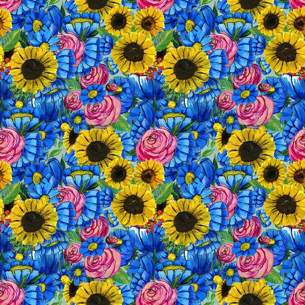 Seamless pattern with blue yellow and pink flowers