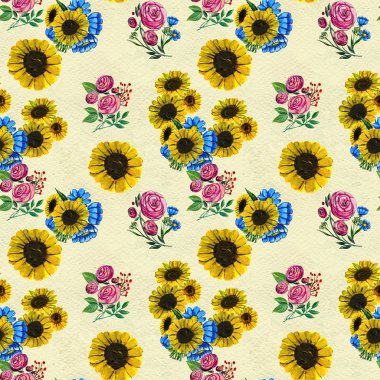 Mavi sarı ve pembe çiçekler ile Seamless Modeli