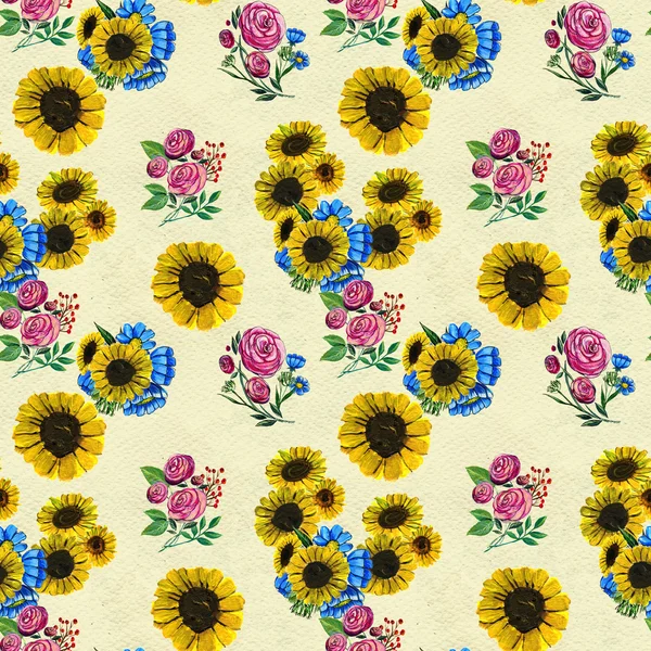 Mavi sarı ve pembe çiçekler ile Seamless Modeli