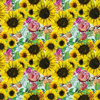 Mavi sarı ve pembe çiçekler ile Seamless Modeli