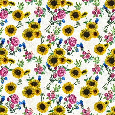 Mavi sarı ve pembe çiçekler ile Seamless Modeli