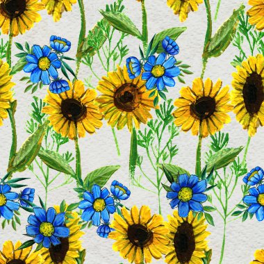 Ayçiçeği ve kır çiçekleri ile Seamless Modeli