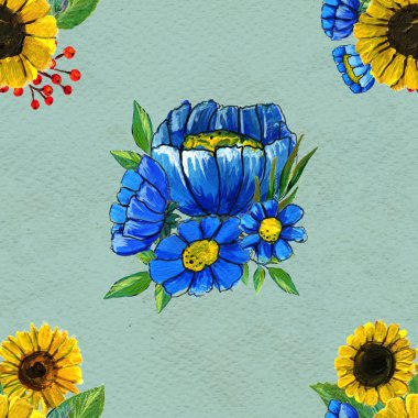 Ayçiçeği ve kır çiçekleri ile Seamless Modeli