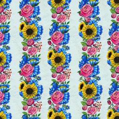 Mavi sarı ve pembe çiçekler ile Seamless Modeli