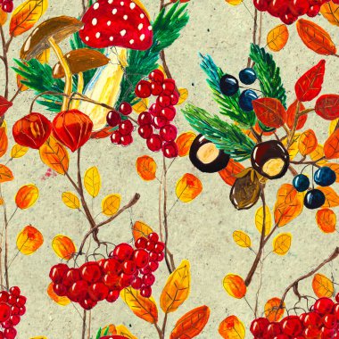 Sonbahar suluboya el, yapraklı, mantarlı ve kozalaklı kusursuz desenler çizdi.
