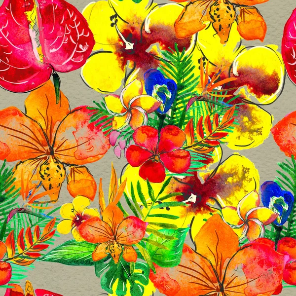 열 대의 꽃이 피는 바 다 없는 무늬. 수채 색 배경 — 스톡 사진