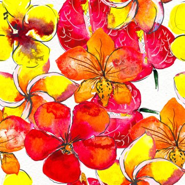 Tropik çiçeklerle kusursuz desen. Suluboya Arkaplanı