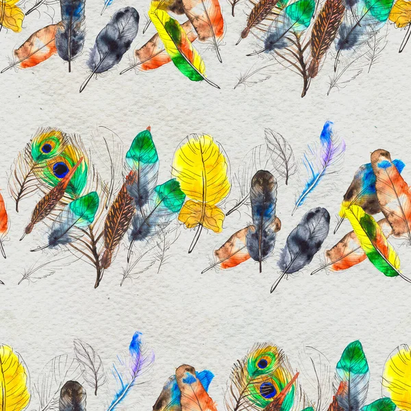 水彩羽のシームレスなパターン。手描きの質感 — ストック写真
