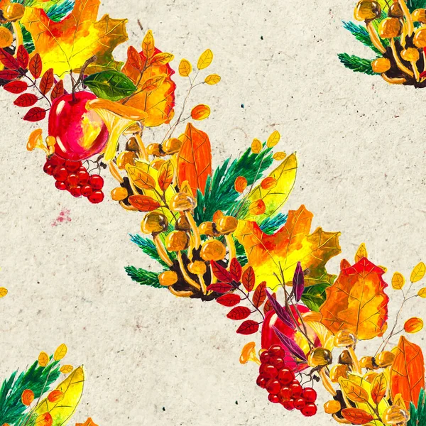 葉のキノコと松のコーンでシームレスなパターンを描いた秋の水彩手 — ストック写真