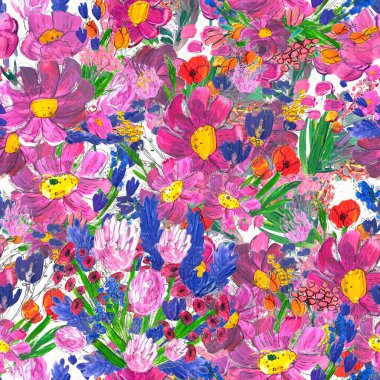 Çiçeklerle kusursuz desen. Suluboya ya da akrilik resim. El çizimi çiçek arkaplanı.