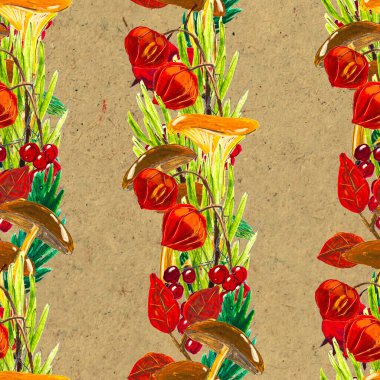 Sonbahar suluboya el, yapraklı, mantarlı ve kozalaklı kusursuz desenler çizdi.