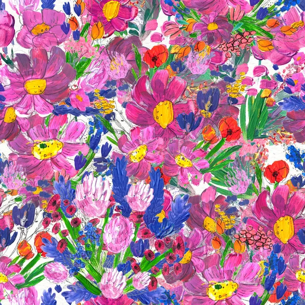 Modello senza cuciture con fiori. Acquerello o pittura acrilica. Sfondo floreale disegnato a mano. — Foto Stock