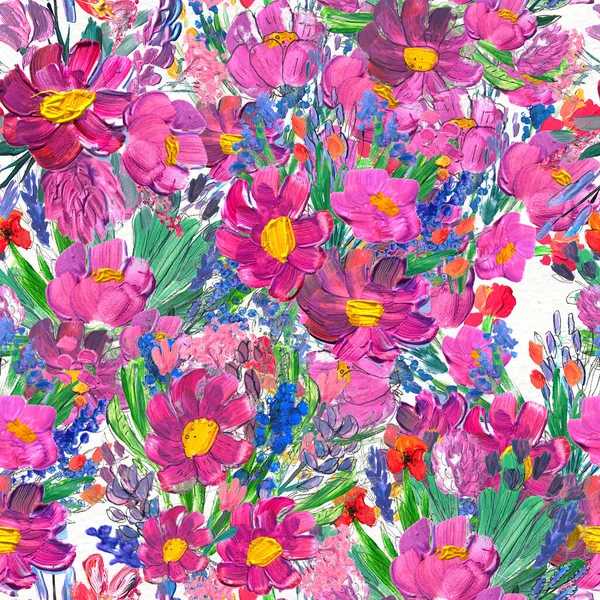 Modello senza cuciture con fiori. Acquerello o pittura acrilica. Sfondo floreale disegnato a mano. — Foto Stock