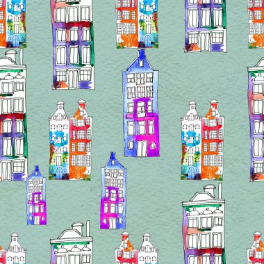 Kusursuz desenler suluboya Amsterdam evleri