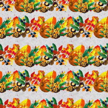 Sonbahar suluboya el, yapraklı, mantarlı ve kozalaklı kusursuz desenler çizdi.