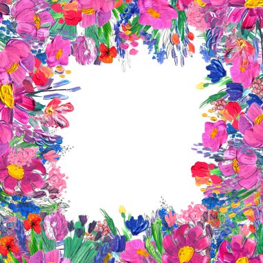 Elle boyanmış çiçekli kenar. Beyaz arkaplanda yaban mersinleri