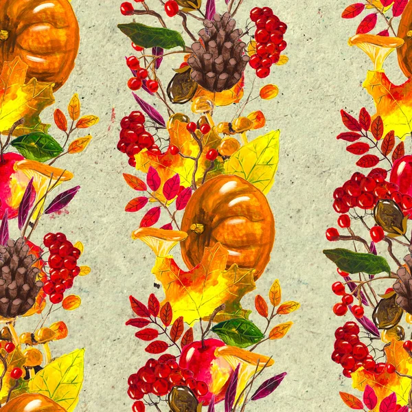 Autumn watercolor hand drawn seamless pattern with leaves mushrooms and pine cones — Stock Photo, Image