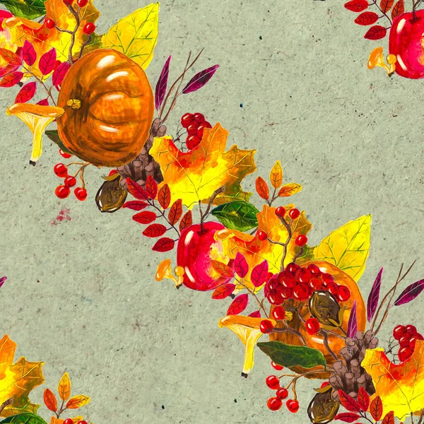 Autumn watercolor hand drawn seamless pattern with leaves mushrooms and pine cones — Stock Photo, Image